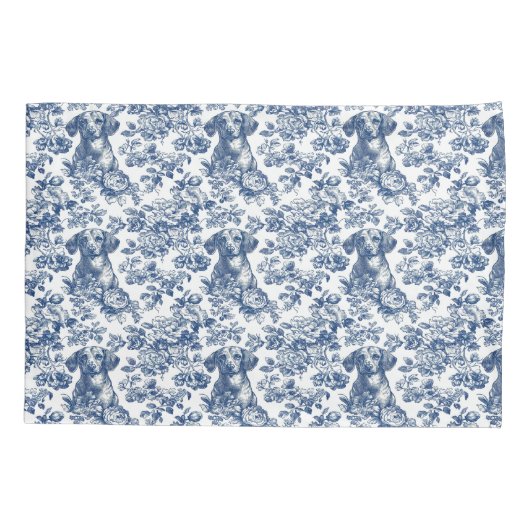 Daschund Dog Blue Toile Pattern Kissenbezug (Rückseite)