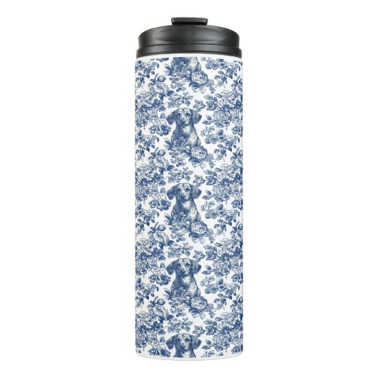 Daschund Dog Blue Toile Pattern Thermosbecher (Vorderseite)