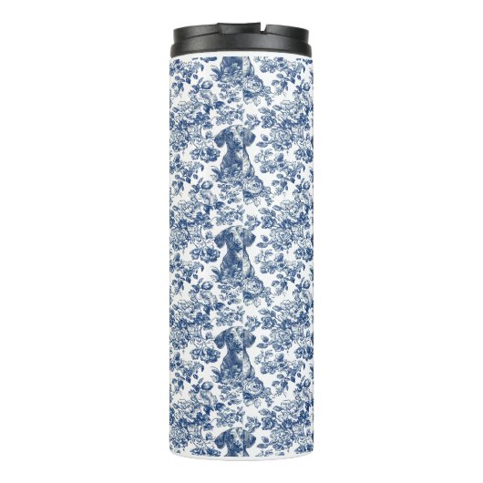 Daschund Dog Blue Toile Pattern Thermosbecher (Rückseite)