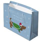 Daschund und Snowflakes Blauer Cartoon Große Geschenktüte (Rückseite Schrägansicht)