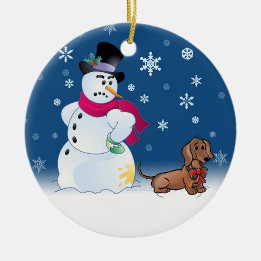 Daschund Welpe und Schneemann Keramik Ornament (Vorne)