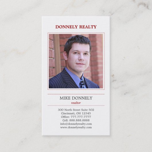 Dashed Border Foto Business Card - Red Visitenkarte (Vorderseite)