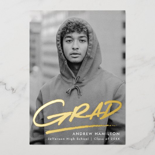 Dashed Grad Foto Graduation Party Gold Folieneinladung (Vorderseite)