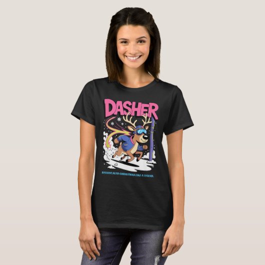 Dasher Reindeer Christmas Speeding Fun T-Shirt (Vorne ganz)