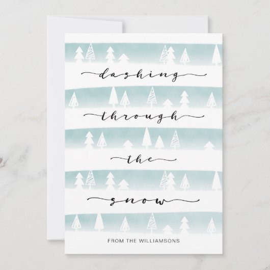 Dashing durch die schneebewaldeten Streifen Feiertagskarte (Vorderseite)