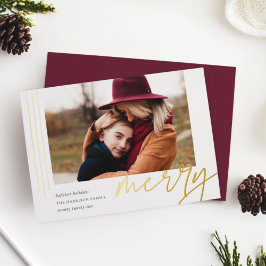 Dashing Script | Merry | Horizontales Foto Folien Feiertagskarte