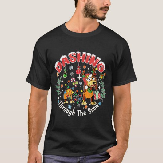 Dashing Through The Snow Slink Dog Christmas T-Shirt (Vorderseite)