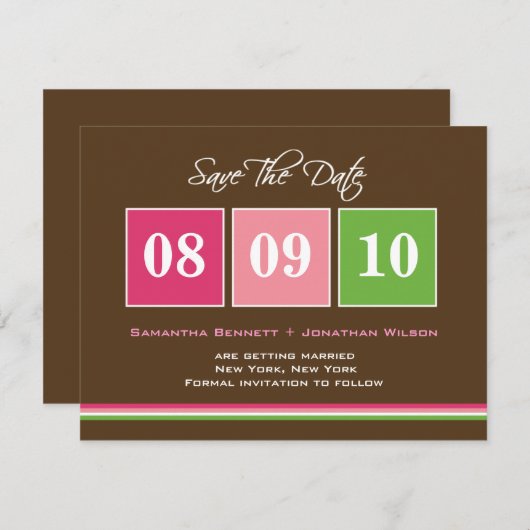 Date Blocks Save the Date Card - Fuchsia Green (Vorne/Hinten)
