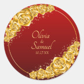 Date + Bride Groom Names, Gold Flowers Maroon Red Runder Aufkleber (Vorderseite)