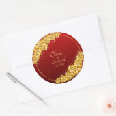 Date + Bride Groom Names, Gold Flowers Maroon Red Runder Aufkleber (Umschlag)