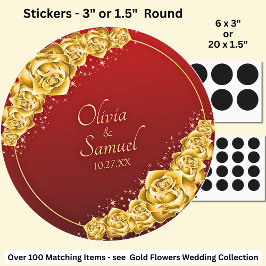Date + Bride Groom Names, Gold Flowers Maroon Red Runder Aufkleber
