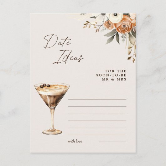 Date Ideas Espresso Martini Brautparty Game Postkarte (Vorderseite)