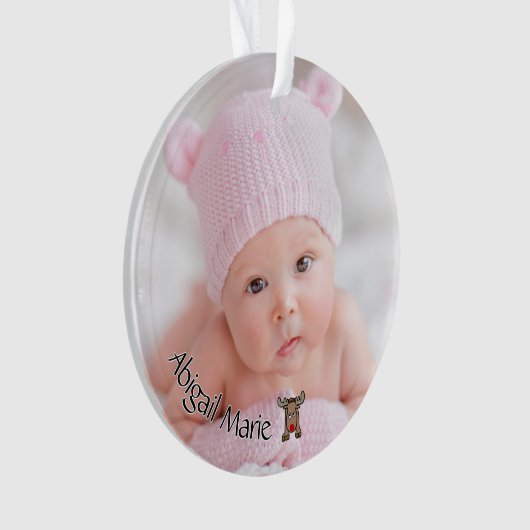 Dated Foto Baby's First Christmas mit Rentier Ornament (Vorderseite)