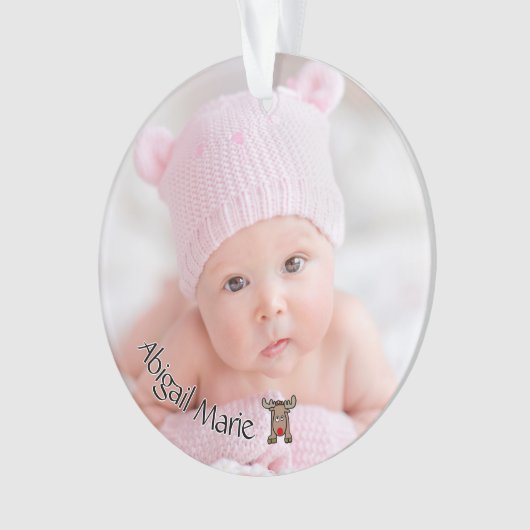 Dated Foto Baby's First Christmas mit Rentier Ornament (Vorderseite)