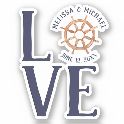 Dated #Nautical Ship's Wheel #LIEBE Wedding Aufkleber (Vorderseite)