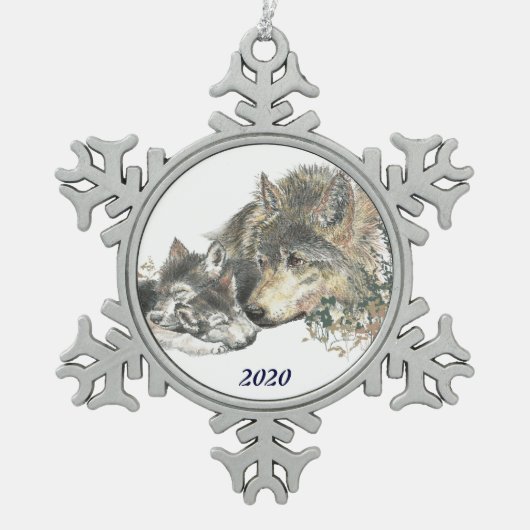 Dated Parent Mother oder Pater Wolf mit Cubs Art Schneeflocken Zinn-Ornament (Vorderseite)