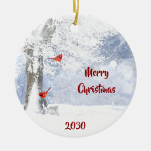 Dated Red Kardinal Birds Weihnachtsschneebaume Keramik Ornament
