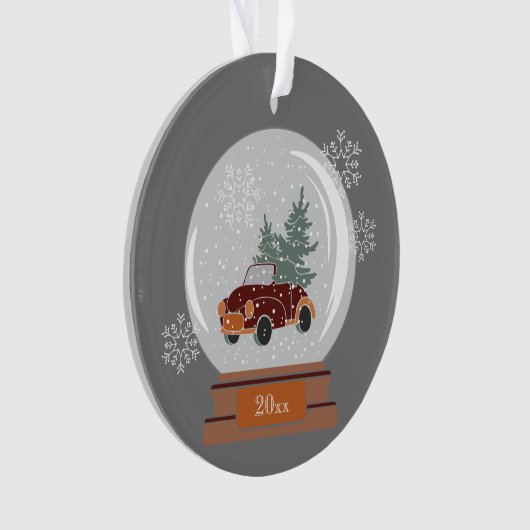 Dated Snow Globe with Red Car & Tree, Personalisie Ornament (Vorderseite)