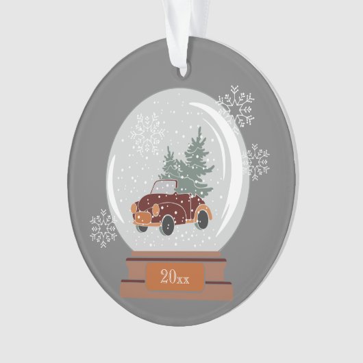 Dated Snow Globe with Red Car & Tree, Personalisie Ornament (Vorderseite)