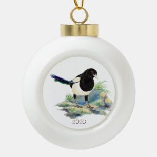 Dated Watercolor Magpie Bird Nature Art Collection Keramik Kugel-Ornament