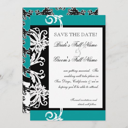 Daten speichern - Schwarz-weißer Aquamariner HerzD Save The Date (Vorne/Hinten)