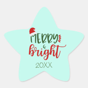 Datierte Merry & Bright auf grünen Weihnachtsstick Stern-Aufkleber