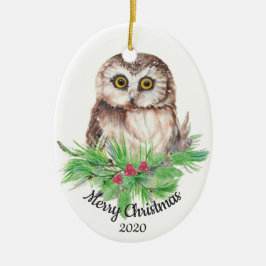 Datierte Weihnachts Custom Watercolor Owl Bird Keramikornament