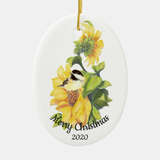Datierte Weihnachts Custom Watercolor Sonnenblumen Keramik Ornament (Vorne)
