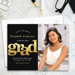 Datum Abschluss Foto  Gold schwarze Typografie ger Einladungspostkarte