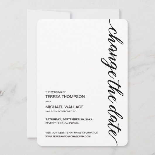 "Datum ändern" Minimalistische Schwarz-Weiß-Hochze Einladung (Vorderseite)