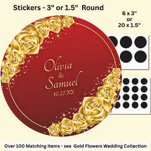 Datum + Braut Bräutigam Namen, Gold Blumen Marone Runder Aufkleber