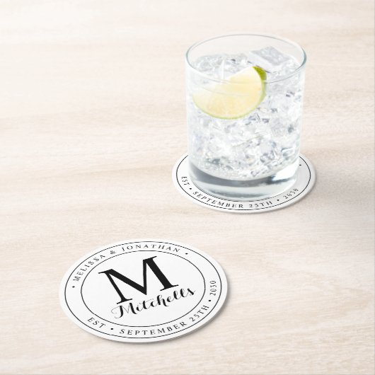 Datum der Hochzeit des personalisierten Monogramms Runder Pappuntersetzer (Vor Ort)