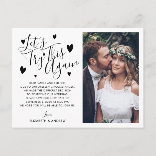 Datum der Hochzeitverschiebung Versuch noch einmal Ankündigungspostkarte (Vorderseite)