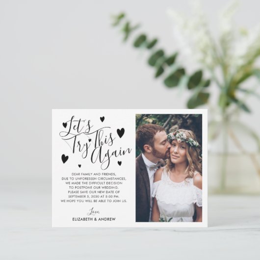 Datum der Hochzeitverschiebung Versuch noch einmal Ankündigungspostkarte (Stehend Vorderseite)