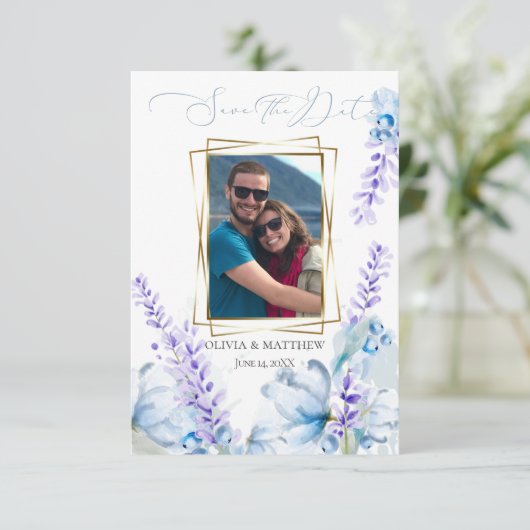 Datum freihalten | Aquarelllavender - Dusty Blue Einladung (Stehend Vorderseite)