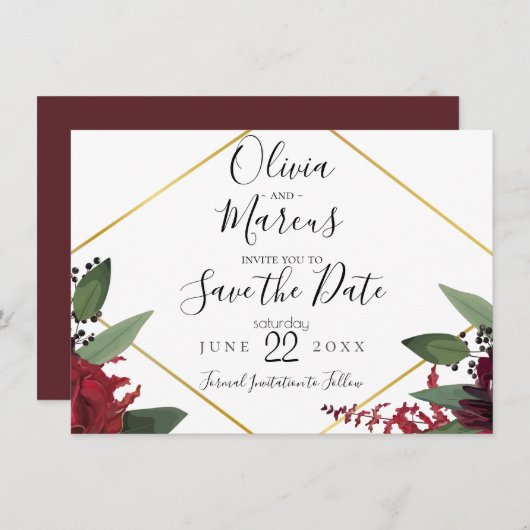 Datum freihalten | Elegant Burgundy Marsala Floral Einladung (Vorne/Hinten)