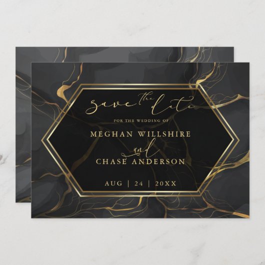 Datum freihalten | Eleganter Schwarz-Gold-Marmor (Vorne/Hinten)
