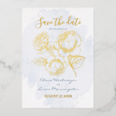 Datum freihalten | Gold Gilded Rose auf Dusty Blue Folieneinladung (Vorderseite)