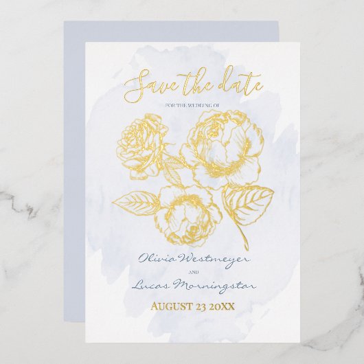 Datum freihalten | Gold Gilded Rose auf Dusty Blue Folieneinladung (Vorderseite/Rückseite)
