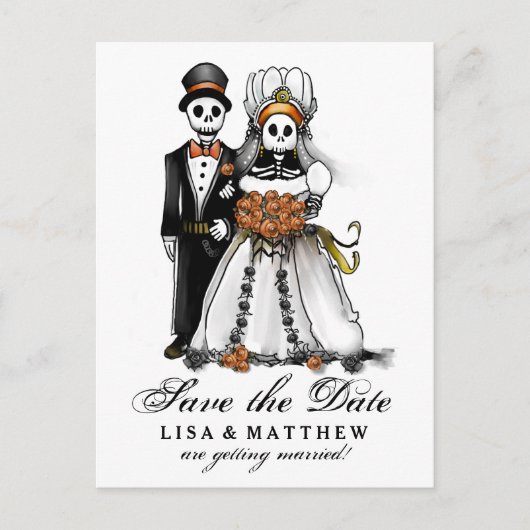 Datum Halloween Skeletons Orange PostCard gerettet Ankündigungspostkarte (Vorderseite)