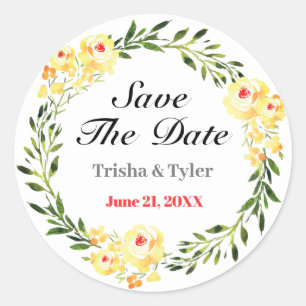 Datum, Namen & Datum Gelbe Blumen Hochzeit speiche Runder Aufkleber