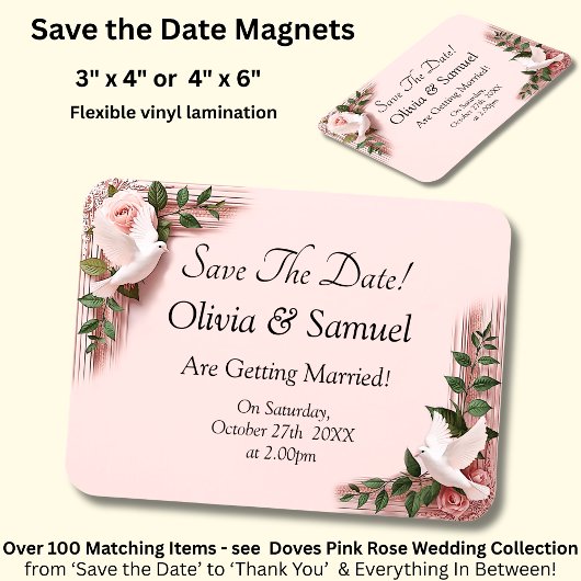 Datum Speichern - Rosa Rosen & Tauben Hochzeit Magnet
