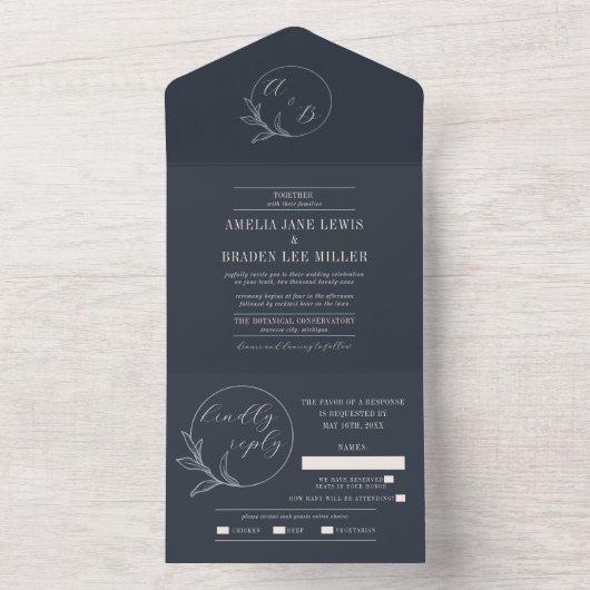 Dauerhafte Liebe | Deep Blue Wreath Wedding Invite All In One Einladung (Innen)