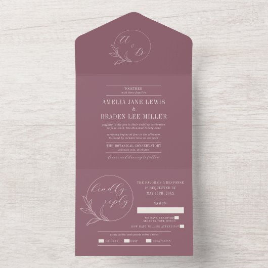 Dauerhafte Liebe | Deep Mauve Wreath Wedding All In One Einladung (Innen)