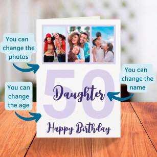 Daughter 50. Geburtstag Lila Script FotoCollage Karte