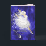 Daughter age 9, leaping ballerina birthday card karte<br><div class="desc">A ballerina leaps joyfully. A ballerina in a white dress leaves trails of stardust as she leaps. her arms are outstretched and her toes are pointed. the background is blue clouds swirling.</div>