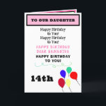 Daughter Birthday Balloons Cupcakes NAME Karte<br><div class="desc">Happy Birthday DAUGHTER ist in schwarz und rosa Typografie geschrieben. Geben Sie den Namen 14. Geburtstag oder jedes Alter ein (entfernen Sie, um leer verlassen, wenn die Adresse an MAMA, TUN, GRANDMOTHER). Personalisieren Sie für unsere Tochter, oder für unsere Enkelin, für meinen Cousin, etc. Innen links hat die Formulierung, Sie...</div>