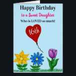 Daughter Birthday Liebe Floral Heart Balloon<br><div class="desc">Rotes Herz fliegender Ballon mit 16. geschrieben in weißer Schrift. Herzlichen Glückwunsch zum Geburtstag einer süßen Tochter, die so viel in schwarz und rosa Typografie geschrieben wird. Hellblauer Hintergrund vorne mit goldgelber Sonnenblume, blau-gelber Farbtupfer und lila Tulpe. Personalisieren Sie für jeden und jedes Alter. Innen links von Karte hat ein...</div>