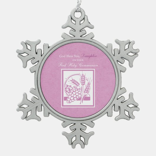 Daughter Erste Kommune, rosa Schneeflocken Zinn-Ornament (Vorderseite)