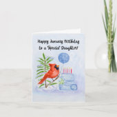 Daughter Happy January Birthday Cardinal with Cake Karte (Vorderseite)
